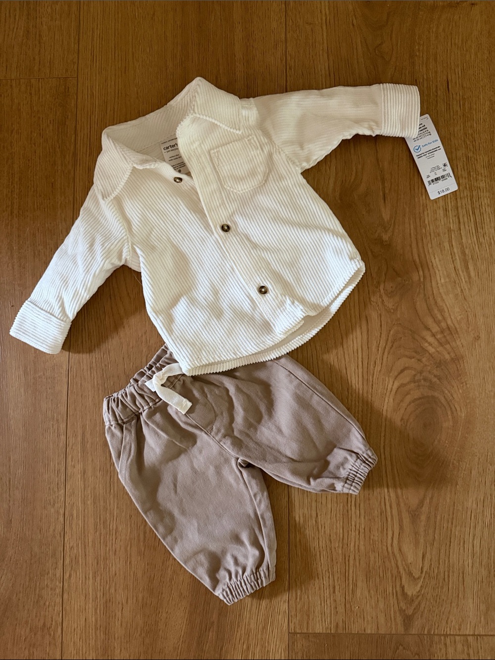 Carter's Cream Long-Sleeve Button Shirt with Tan Pants - Newborn Matching Set